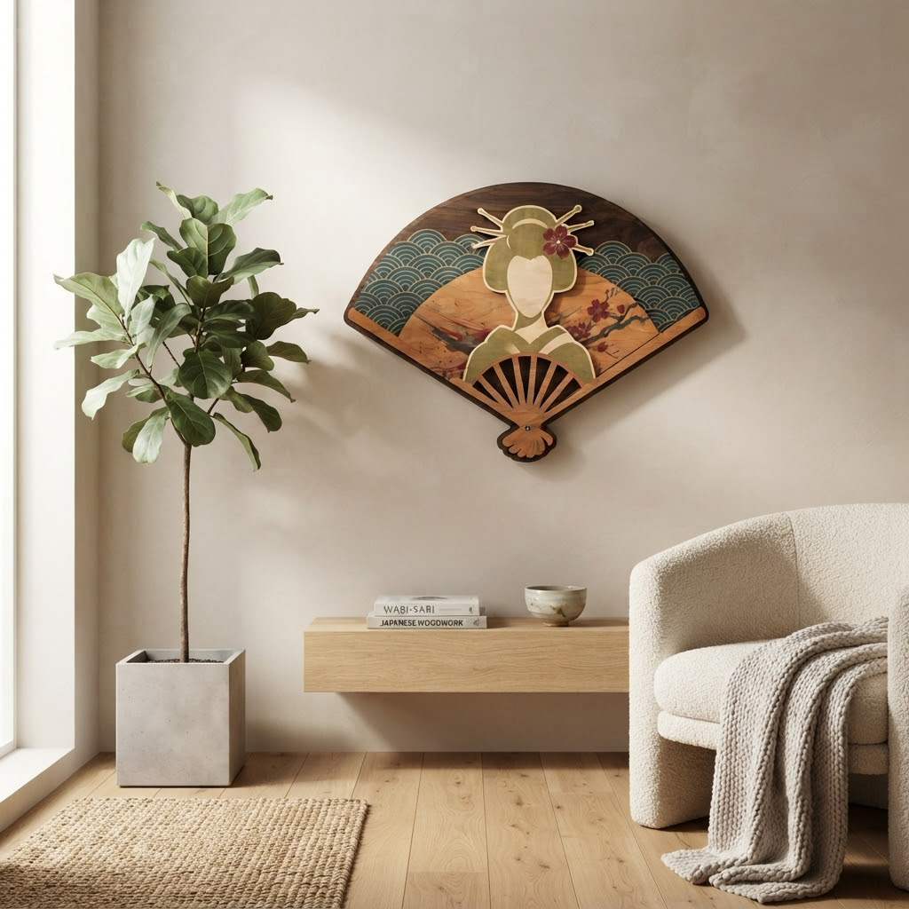 Japanese Fan Wooden Sign, Geisha Wall Art, Cherry Blossom Decor, Asian Home Hanging, Traditional Wood Carving, Living Room Accent, Wall Decor