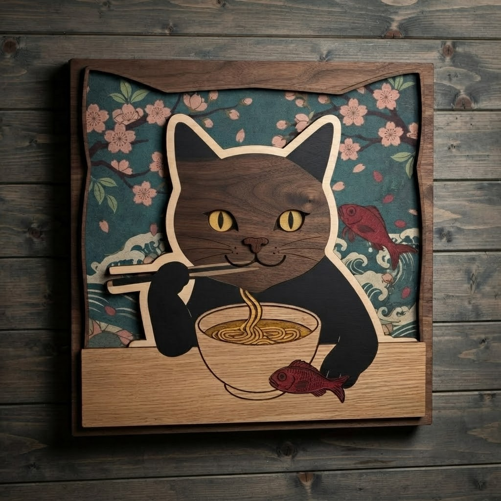 Cat Ramen Wooden Sign, Japanese Noodle Wall Art, Cute Kitty Decor, Cherry Blossom Wood Hanging, Kitchen Wall Decor, Animal Lover Gift
