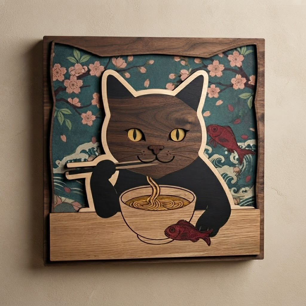 Cat Ramen Wooden Sign, Japanese Noodle Wall Art, Cute Kitty Decor, Cherry Blossom Wood Hanging, Kitchen Wall Decor, Animal Lover Gift