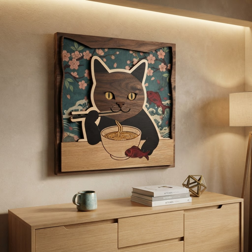 Cat Ramen Wooden Sign, Japanese Noodle Wall Art, Cute Kitty Decor, Cherry Blossom Wood Hanging, Kitchen Wall Decor, Animal Lover Gift