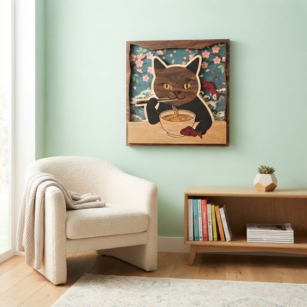 Cat Ramen Wooden Sign, Japanese Noodle Wall Art, Cute Kitty Decor, Cherry Blossom Wood Hanging, Kitchen Wall Decor, Animal Lover Gift