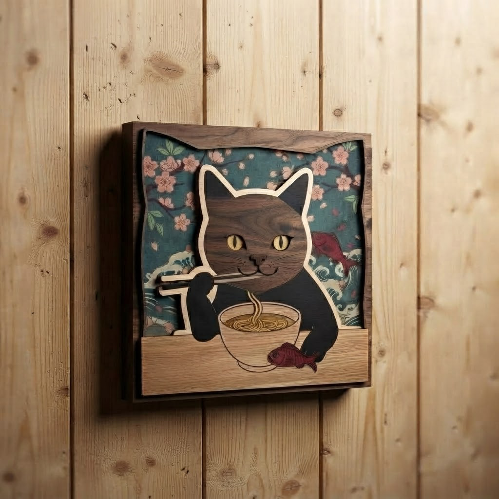 Cat Ramen Wooden Sign, Japanese Noodle Wall Art, Cute Kitty Decor, Cherry Blossom Wood Hanging, Kitchen Wall Decor, Animal Lover Gift