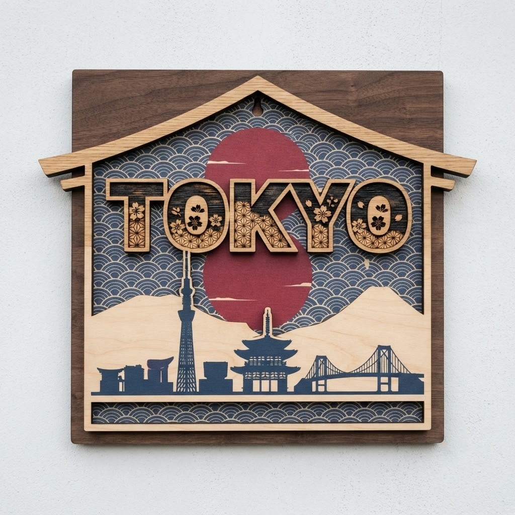 Tokyo Wooden Sign, Japan Skyline Wall Art, Mt Fuji Wood Decor, Japanese Cityscape Hanging, Travel Lover Gift, Living Room Wood Sign