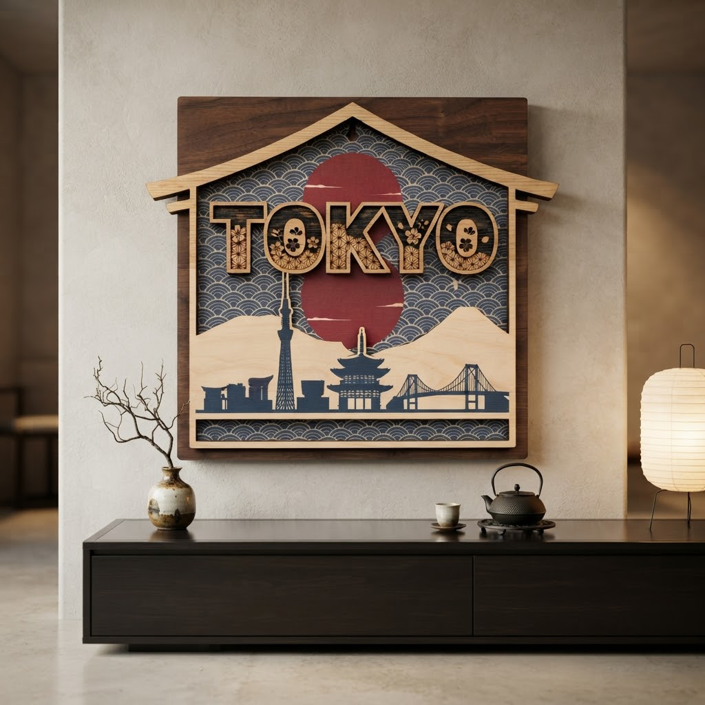 Tokyo Wooden Sign, Japan Skyline Wall Art, Mt Fuji Wood Decor, Japanese Cityscape Hanging, Travel Lover Gift, Living Room Wood Sign