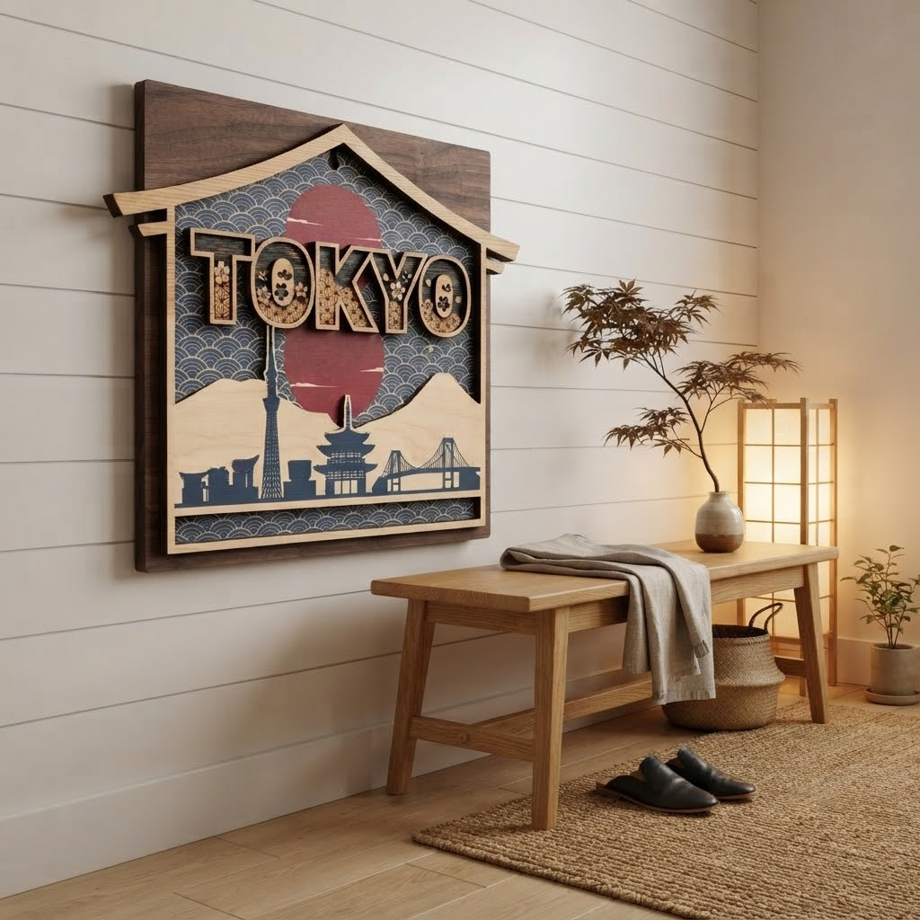 Tokyo Wooden Sign, Japan Skyline Wall Art, Mt Fuji Wood Decor, Japanese Cityscape Hanging, Travel Lover Gift, Living Room Wood Sign