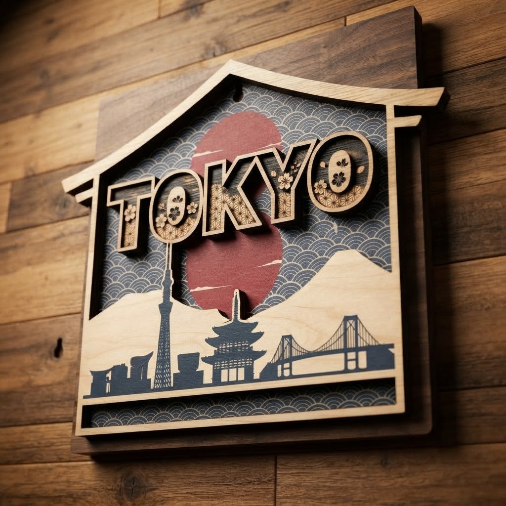 Tokyo Wooden Sign, Japan Skyline Wall Art, Mt Fuji Wood Decor, Japanese Cityscape Hanging, Travel Lover Gift, Living Room Wood Sign
