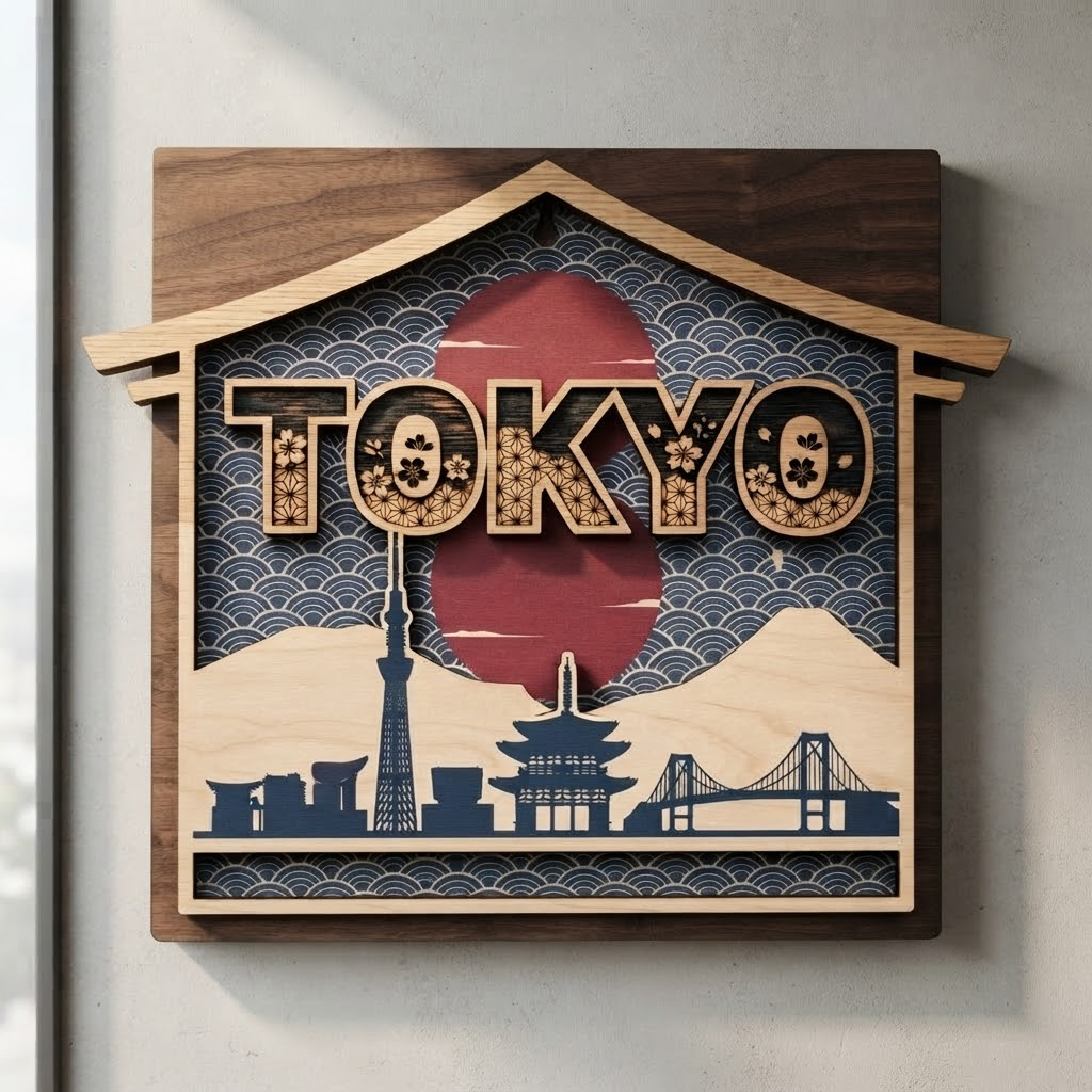 Tokyo Wooden Sign, Japan Skyline Wall Art, Mt Fuji Wood Decor, Japanese Cityscape Hanging, Travel Lover Gift, Living Room Wood Sign