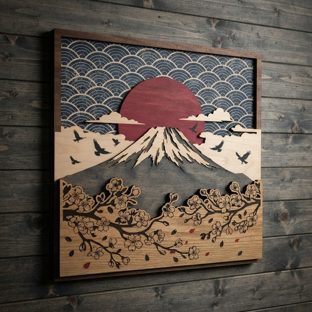 Mount Fuji Wooden Sign, Japanese Cherry Blossom Wall Art, Red Sun Wood Decor, Asian Landscape Hanging, Nature Lover Gift, Living Room Decor