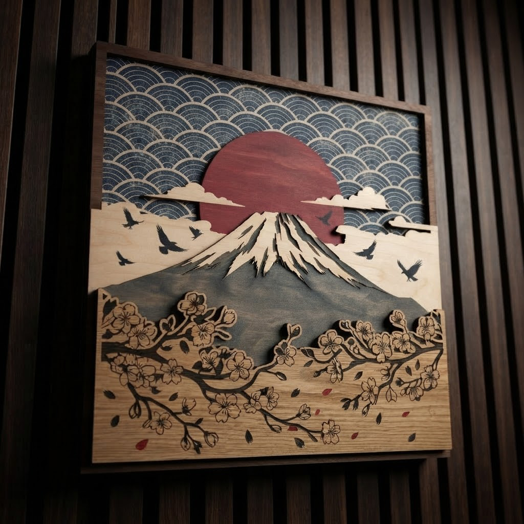 Mount Fuji Wooden Sign, Japanese Cherry Blossom Wall Art, Red Sun Wood Decor, Asian Landscape Hanging, Nature Lover Gift, Living Room Decor