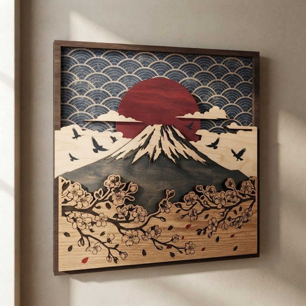 Mount Fuji Wooden Sign, Japanese Cherry Blossom Wall Art, Red Sun Wood Decor, Asian Landscape Hanging, Nature Lover Gift, Living Room Decor