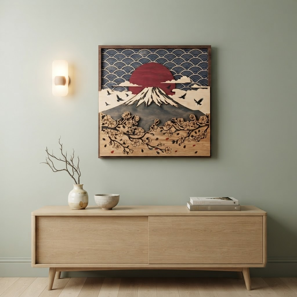 Mount Fuji Wooden Sign, Japanese Cherry Blossom Wall Art, Red Sun Wood Decor, Asian Landscape Hanging, Nature Lover Gift, Living Room Decor