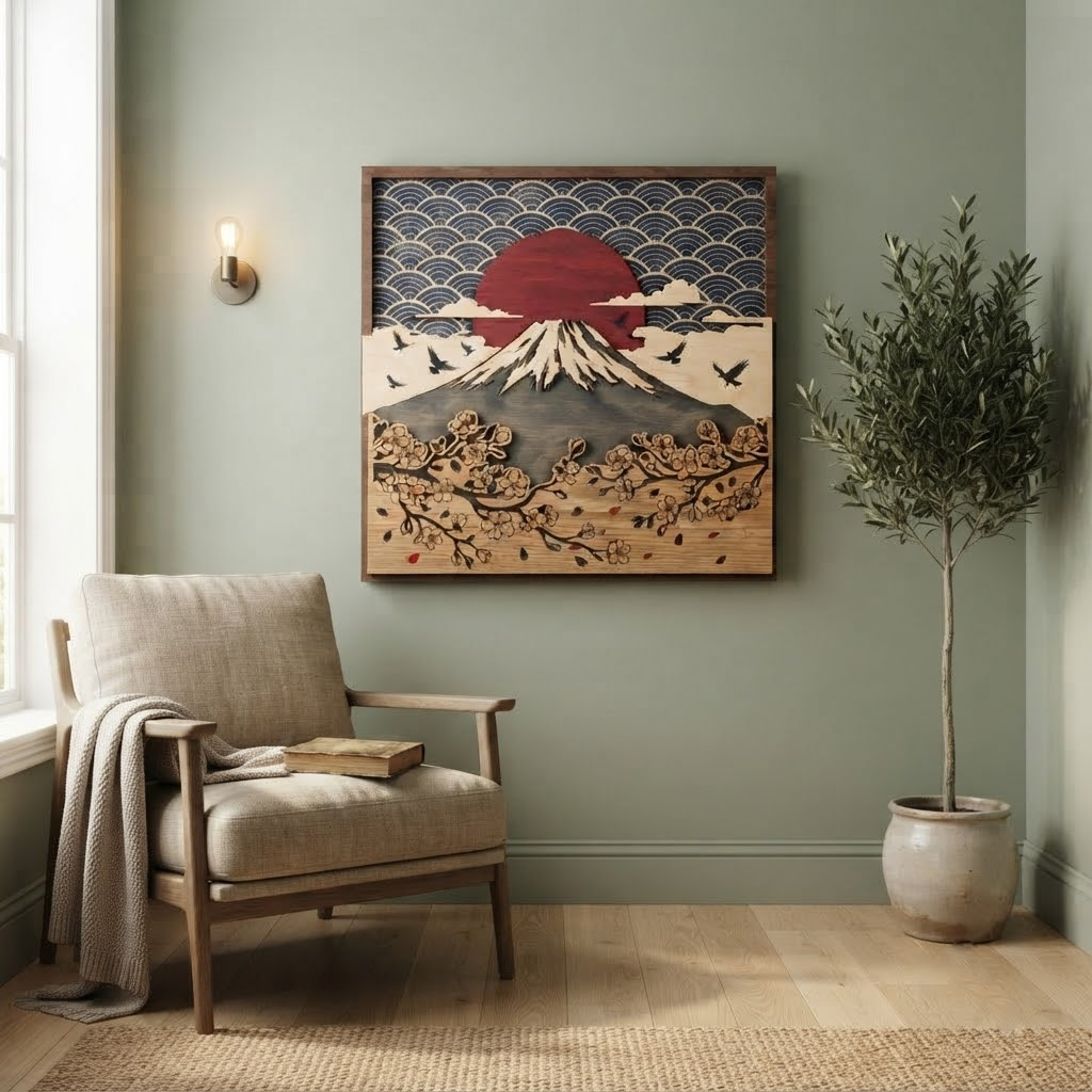 Mount Fuji Wooden Sign, Japanese Cherry Blossom Wall Art, Red Sun Wood Decor, Asian Landscape Hanging, Nature Lover Gift, Living Room Decor
