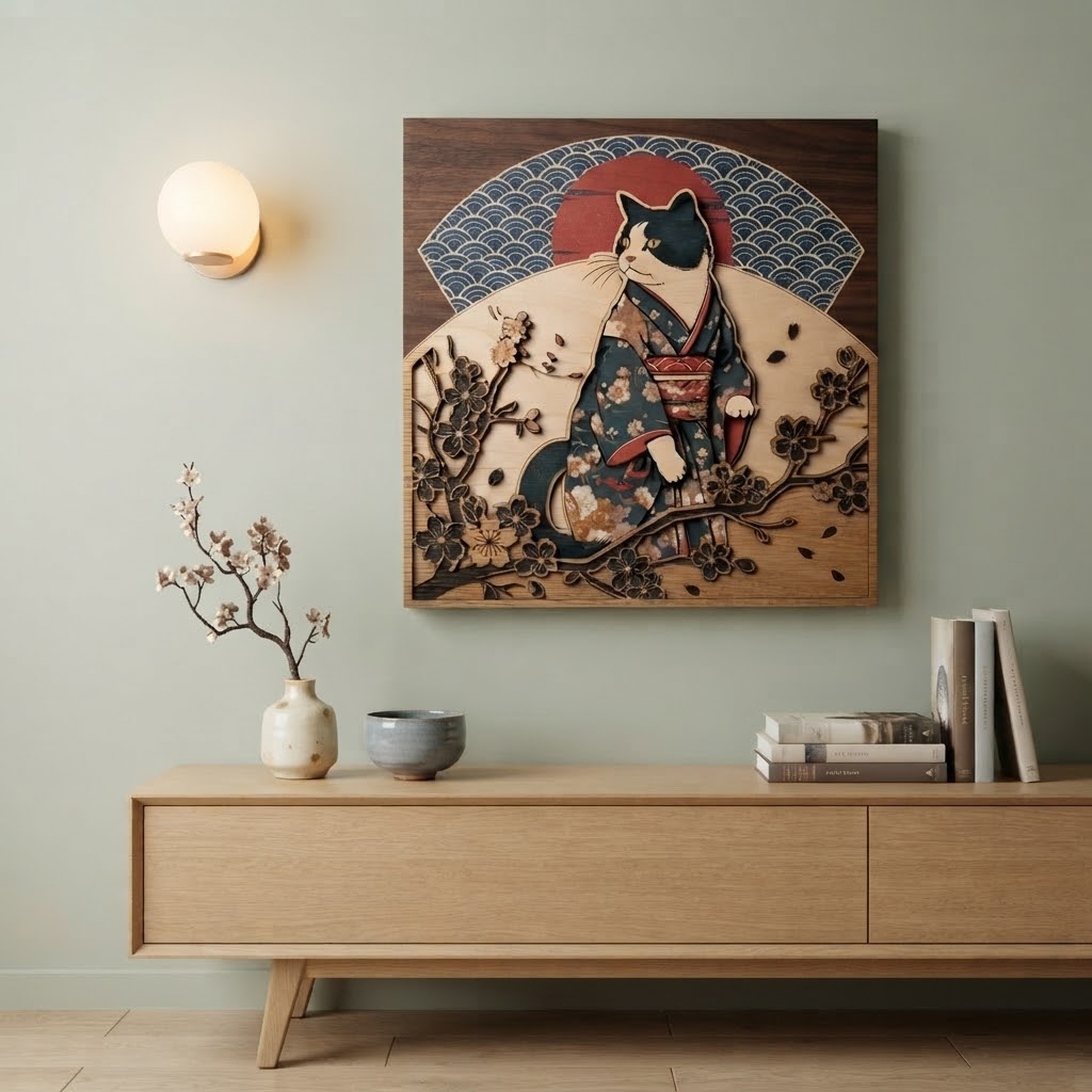 Kimono Cat Wooden Sign, Japanese Pet Wall Art, Cherry Blossom Decor, Cute Kitty Wood Hanging, Asian Animal Gift, Living Room Wood Sign