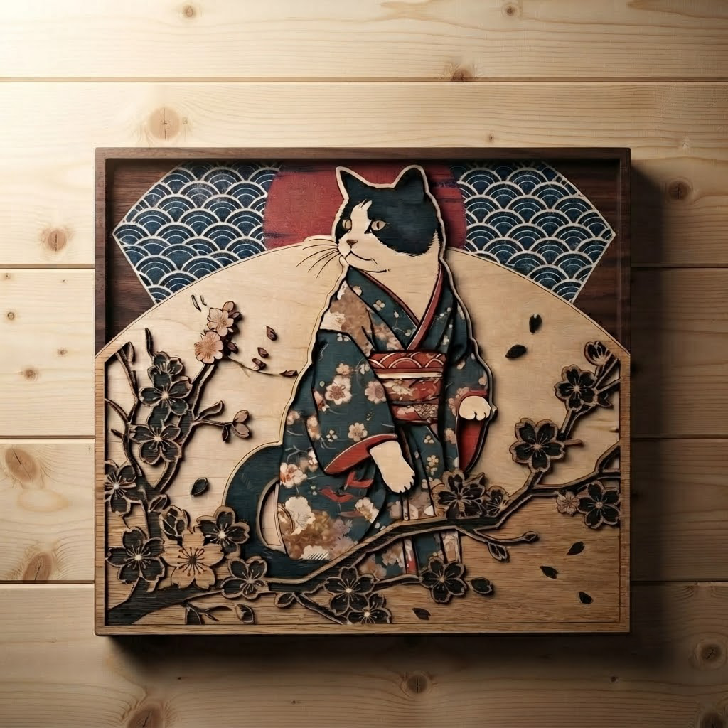 Kimono Cat Wooden Sign, Japanese Pet Wall Art, Cherry Blossom Decor, Cute Kitty Wood Hanging, Asian Animal Gift, Living Room Wood Sign