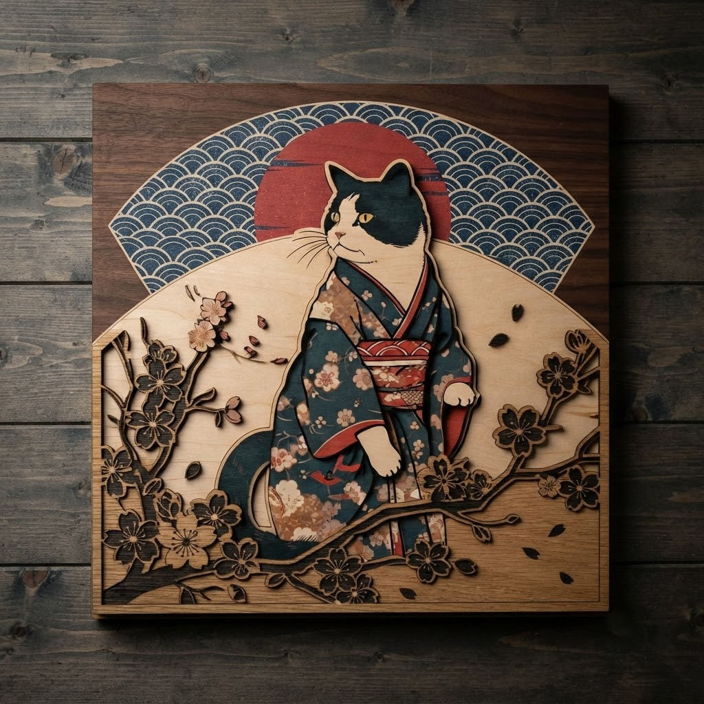 Kimono Cat Wooden Sign, Japanese Pet Wall Art, Cherry Blossom Decor, Cute Kitty Wood Hanging, Asian Animal Gift, Living Room Wood Sign