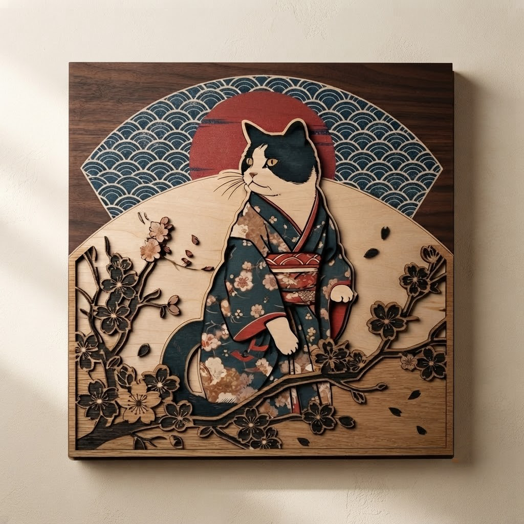 Kimono Cat Wooden Sign, Japanese Pet Wall Art, Cherry Blossom Decor, Cute Kitty Wood Hanging, Asian Animal Gift, Living Room Wood Sign