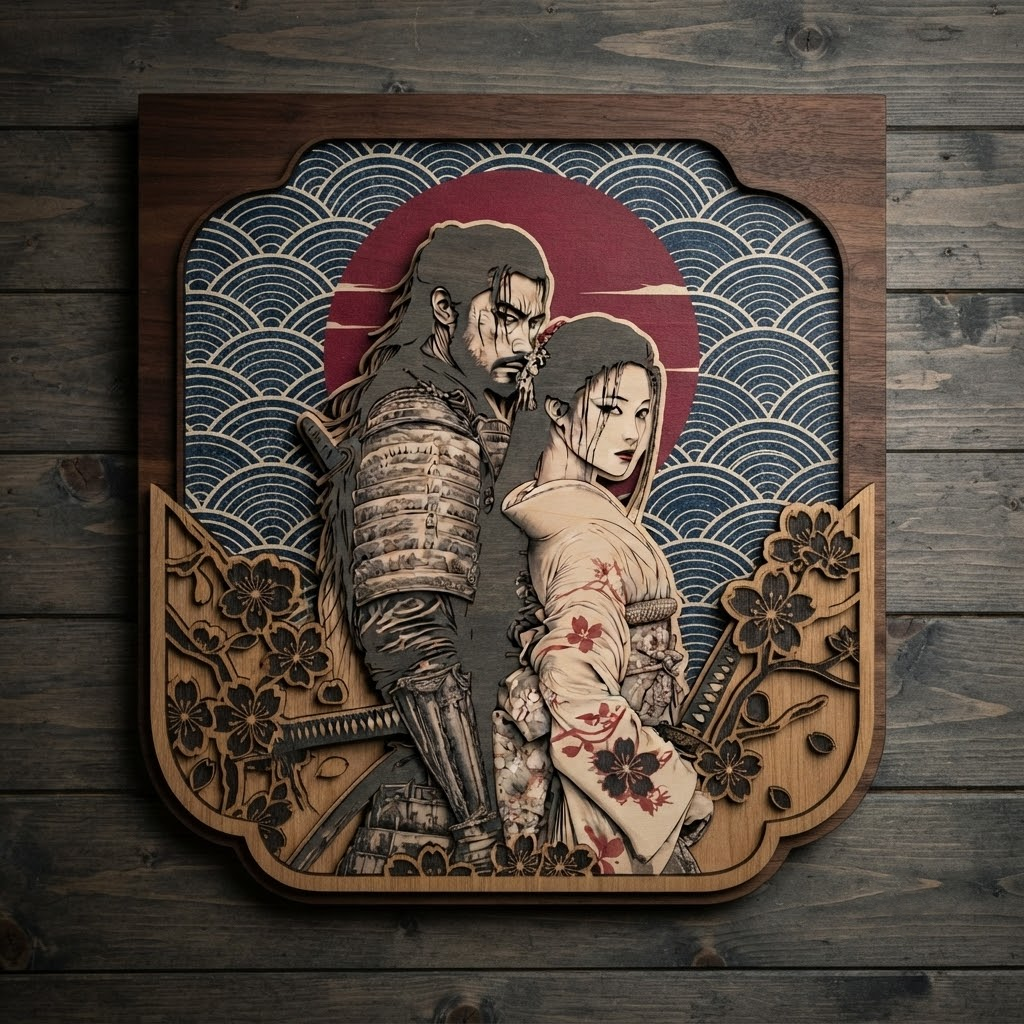 Samurai Geisha Wooden Sign, Japanese Warrior Wall Art, Romantic Wood Hanging, Cherry Blossom Decor, Asian Couple Gift, Living Room Wood Sign