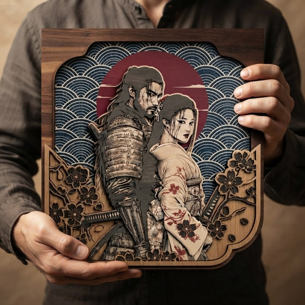 Samurai Geisha Wooden Sign, Japanese Warrior Wall Art, Romantic Wood Hanging, Cherry Blossom Decor, Asian Couple Gift, Living Room Wood Sign