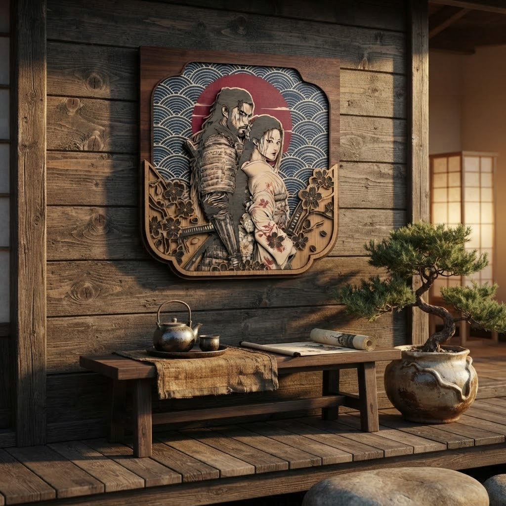 Samurai Geisha Wooden Sign, Japanese Warrior Wall Art, Romantic Wood Hanging, Cherry Blossom Decor, Asian Couple Gift, Living Room Wood Sign