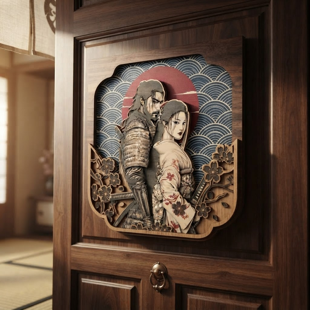 Samurai Geisha Wooden Sign, Japanese Warrior Wall Art, Romantic Wood Hanging, Cherry Blossom Decor, Asian Couple Gift, Living Room Wood Sign