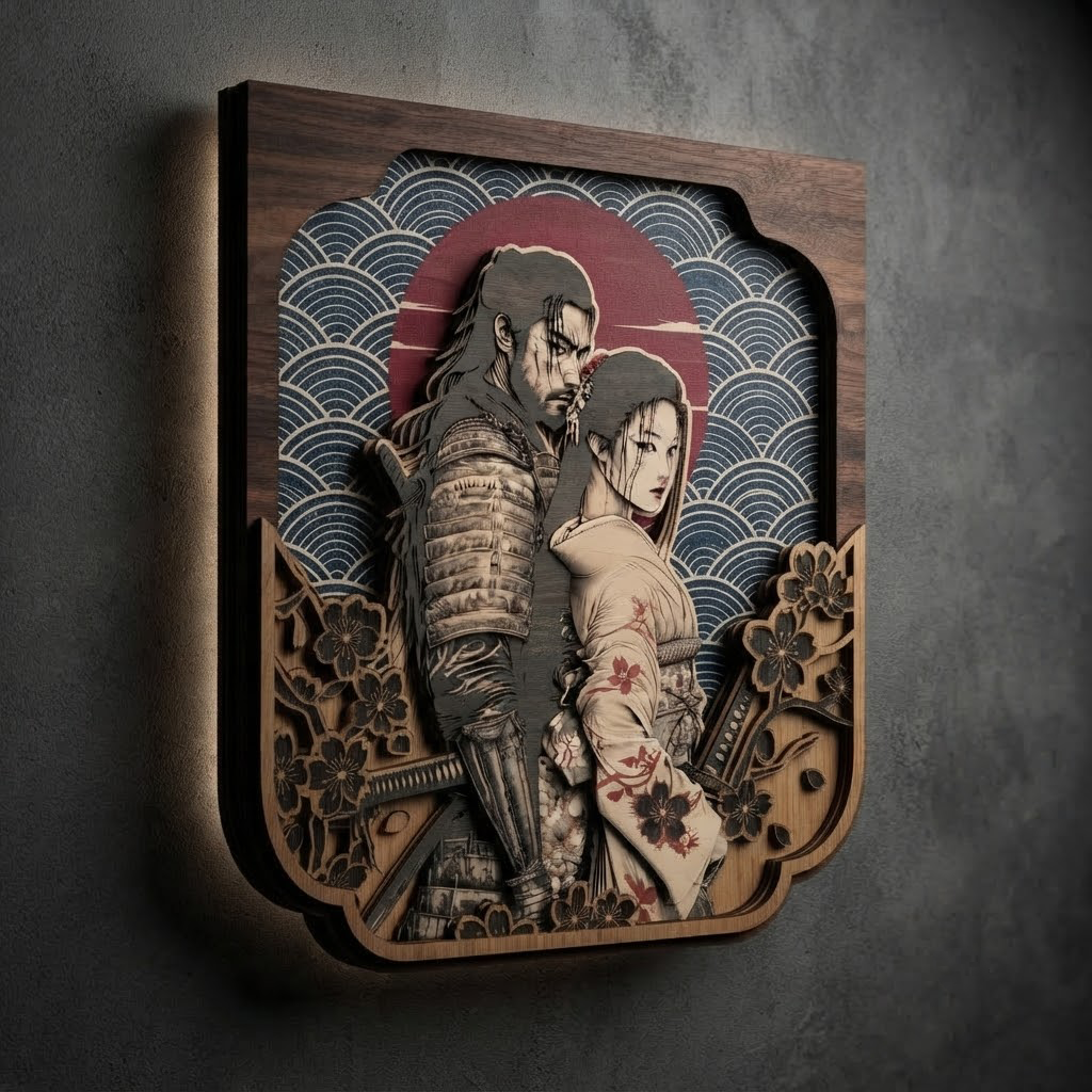 Samurai Geisha Wooden Sign, Japanese Warrior Wall Art, Romantic Wood Hanging, Cherry Blossom Decor, Asian Couple Gift, Living Room Wood Sign