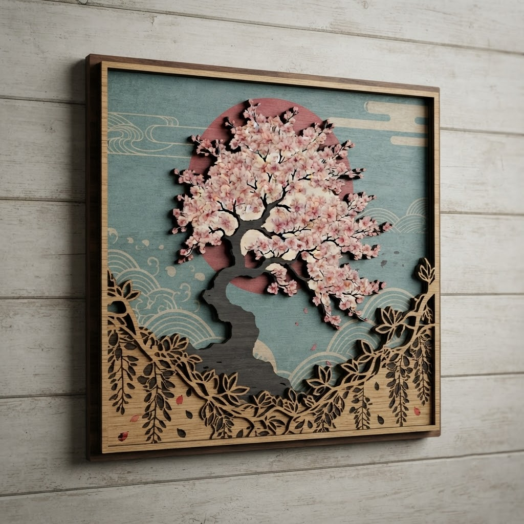 Japanese Cherry Blossom Wall Art, Bonsai Tree Wooden Sign, Red Sun Wood Decor, Floral Nature Hanging, Zen Garden Gift, Living Room Wood Sign