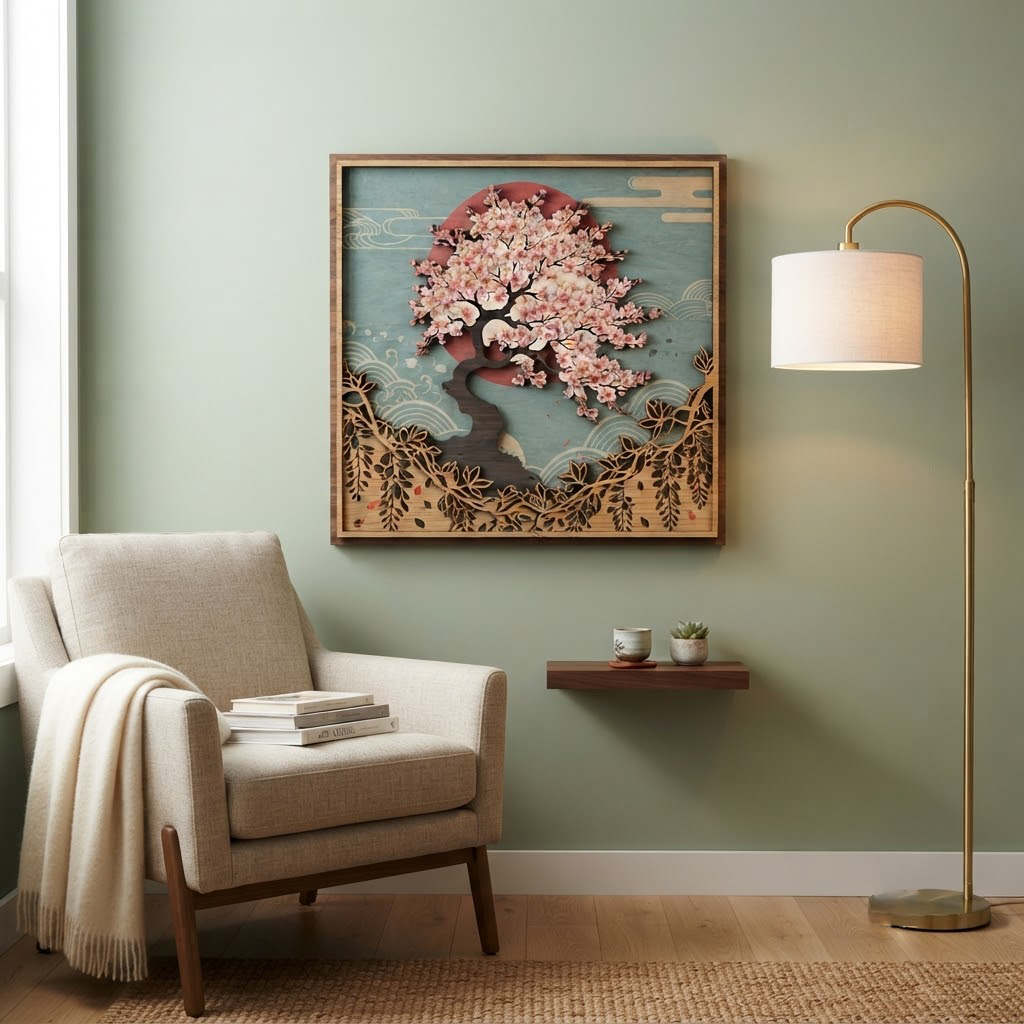 Japanese Cherry Blossom Wall Art, Bonsai Tree Wooden Sign, Red Sun Wood Decor, Floral Nature Hanging, Zen Garden Gift, Living Room Wood Sign