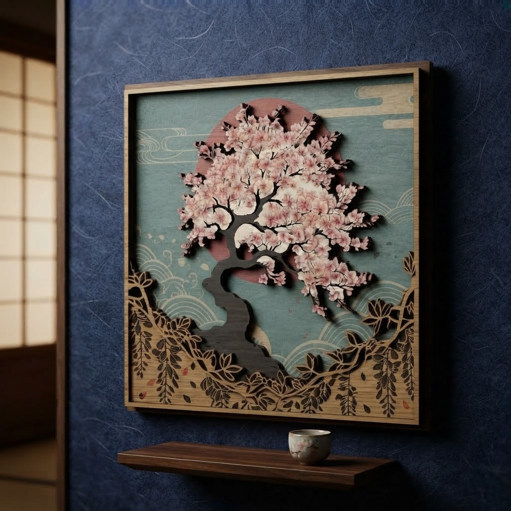 Japanese Cherry Blossom Wall Art, Bonsai Tree Wooden Sign, Red Sun Wood Decor, Floral Nature Hanging, Zen Garden Gift, Living Room Wood Sign
