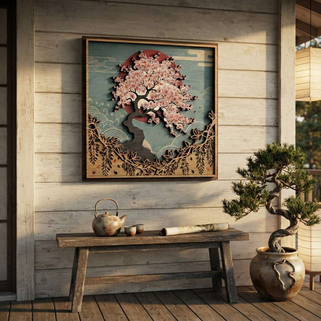 Japanese Cherry Blossom Wall Art, Bonsai Tree Wooden Sign, Red Sun Wood Decor, Floral Nature Hanging, Zen Garden Gift, Living Room Wood Sign
