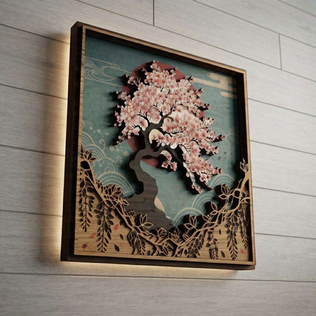 Japanese Cherry Blossom Wall Art, Bonsai Tree Wooden Sign, Red Sun Wood Decor, Floral Nature Hanging, Zen Garden Gift, Living Room Wood Sign