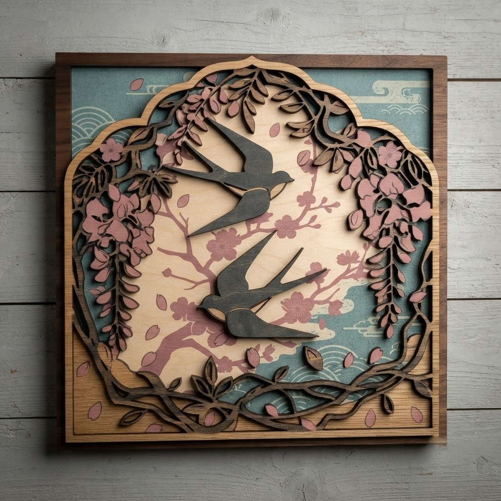 Swallow Birds Wooden Sign, Japanese Floral Wall Art, Wisteria Wood Decor, Spring Nature Hanging, Bird Lover Gift, Living Room Wood Sign