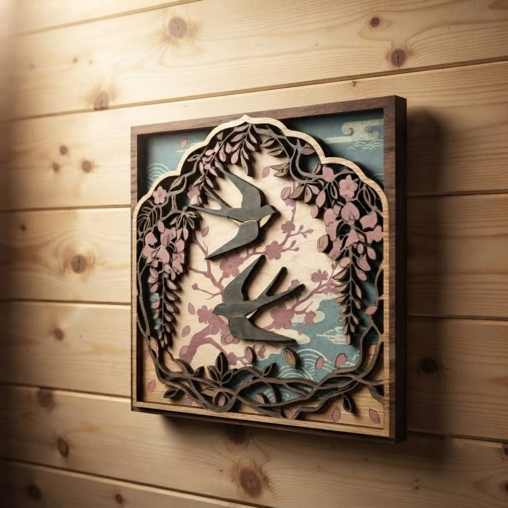 Swallow Birds Wooden Sign, Japanese Floral Wall Art, Wisteria Wood Decor, Spring Nature Hanging, Bird Lover Gift, Living Room Wood Sign