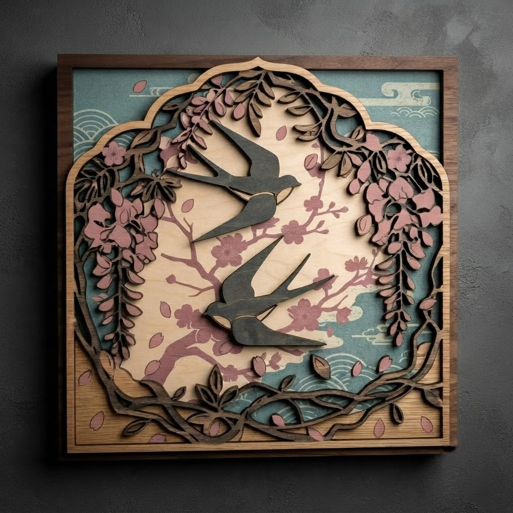Swallow Birds Wooden Sign, Japanese Floral Wall Art, Wisteria Wood Decor, Spring Nature Hanging, Bird Lover Gift, Living Room Wood Sign