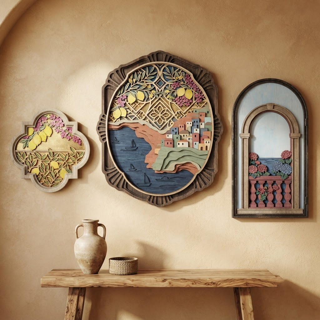 Mediterranean Coastal Village Wooden Sign, Positano Italy Wall Art, Lemon Tree Wood Carving, Layered Wood Art, Amalfi Coast Decor, Travel Gift, Housewarming
