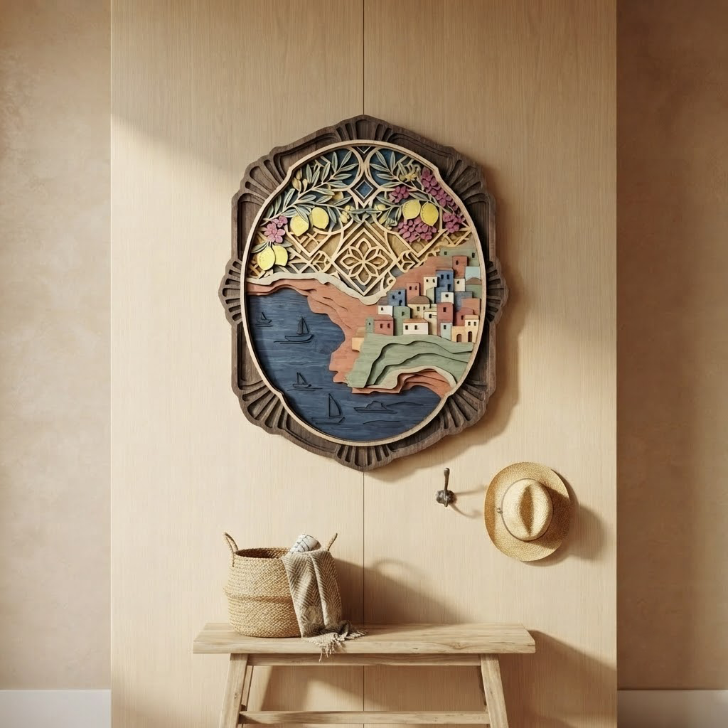 Mediterranean Coastal Village Wooden Sign, Positano Italy Wall Art, Lemon Tree Wood Carving, Layered Wood Art, Amalfi Coast Decor, Travel Gift, Housewarming