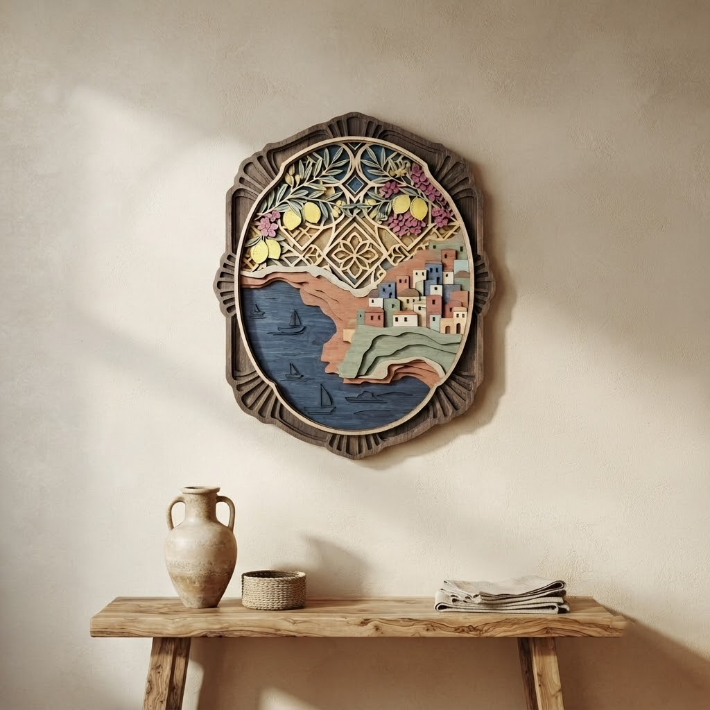 Mediterranean Coastal Village Wooden Sign, Positano Italy Wall Art, Lemon Tree Wood Carving, Layered Wood Art, Amalfi Coast Decor, Travel Gift, Housewarming