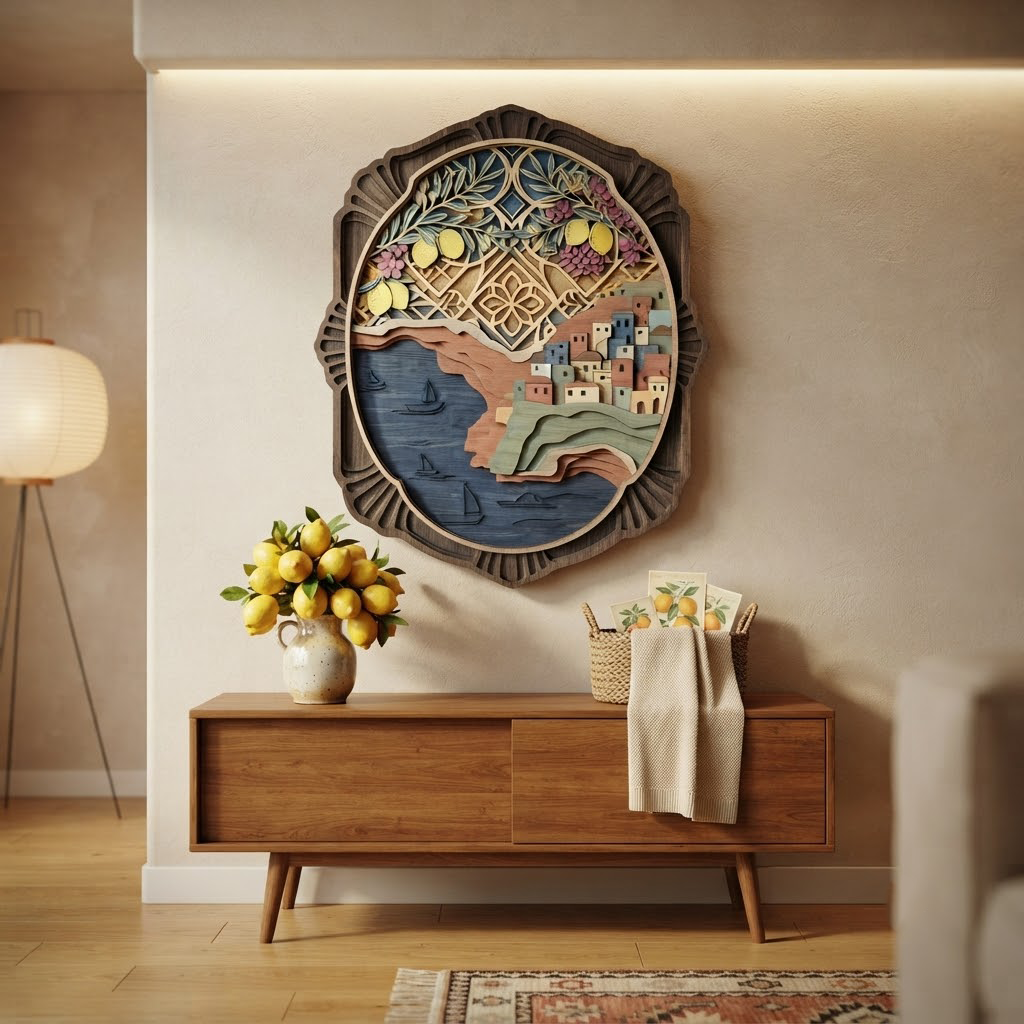 Mediterranean Coastal Village Wooden Sign, Positano Italy Wall Art, Lemon Tree Wood Carving, Layered Wood Art, Amalfi Coast Decor, Travel Gift, Housewarming