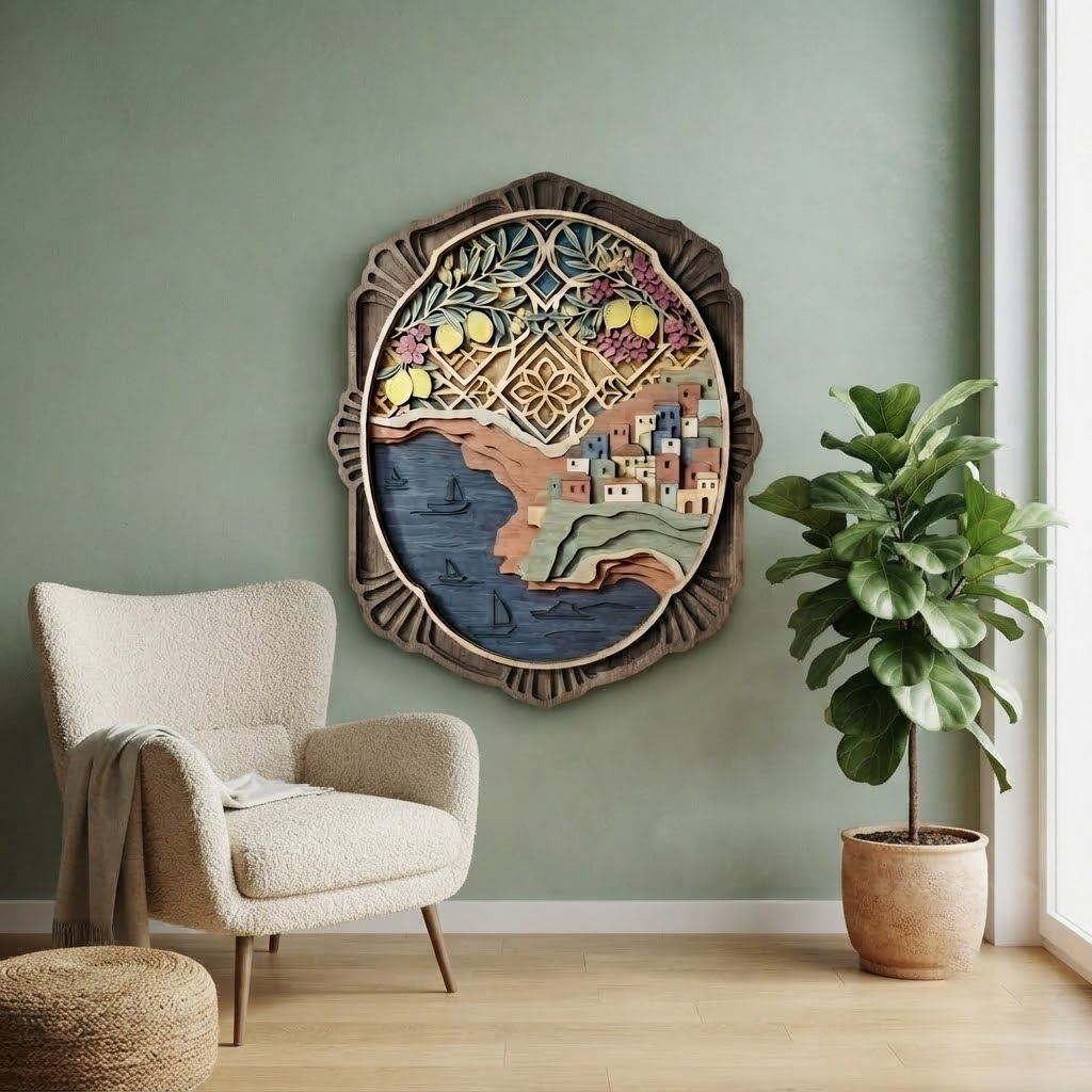 Mediterranean Coastal Village Wooden Sign, Positano Italy Wall Art, Lemon Tree Wood Carving, Layered Wood Art, Amalfi Coast Decor, Travel Gift, Housewarming