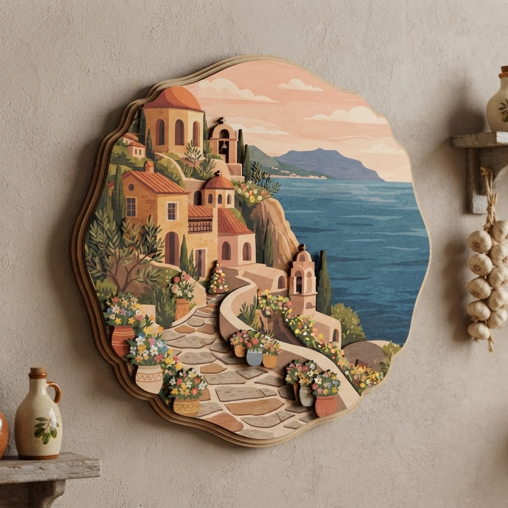 Mediterranean Village Sign, Wooden Wall Art , Greek Islands Decor, Layered Wood Carving, Coastal Home Decor, Living Room Wall Hanging, Handmade Art