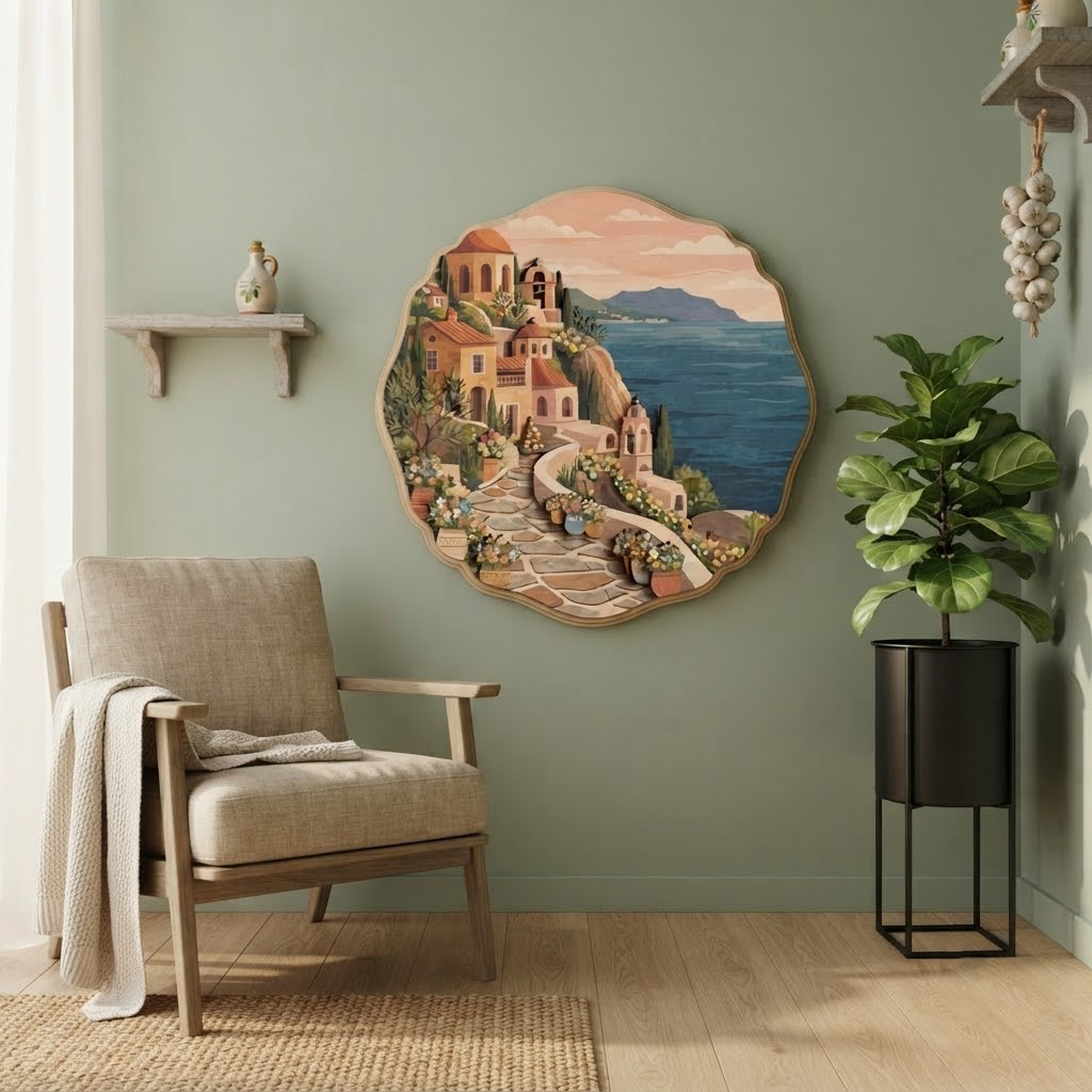 Mediterranean Village Sign, Wooden Wall Art , Greek Islands Decor, Layered Wood Carving, Coastal Home Decor, Living Room Wall Hanging, Handmade Art