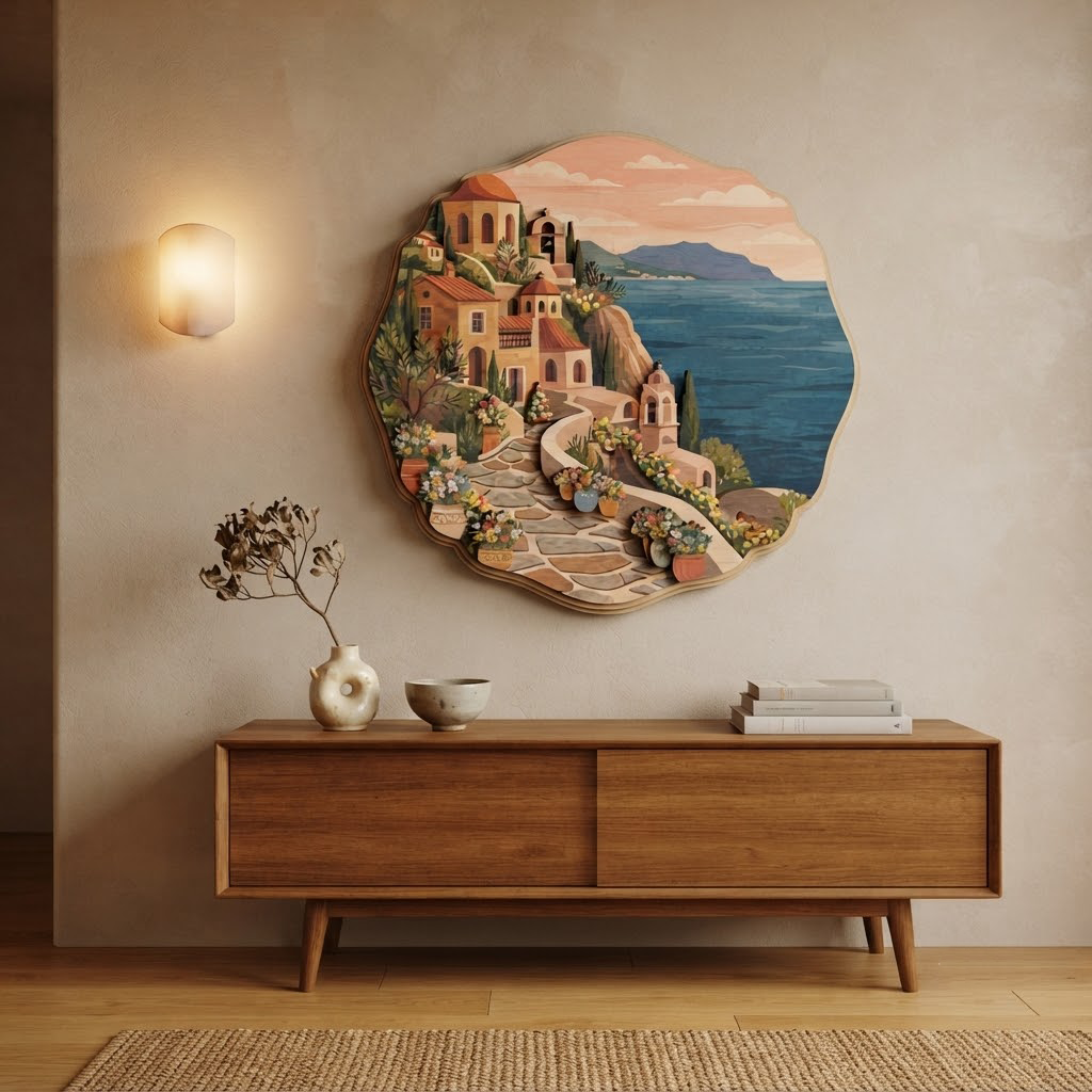 Mediterranean Village Sign, Wooden Wall Art , Greek Islands Decor, Layered Wood Carving, Coastal Home Decor, Living Room Wall Hanging, Handmade Art
