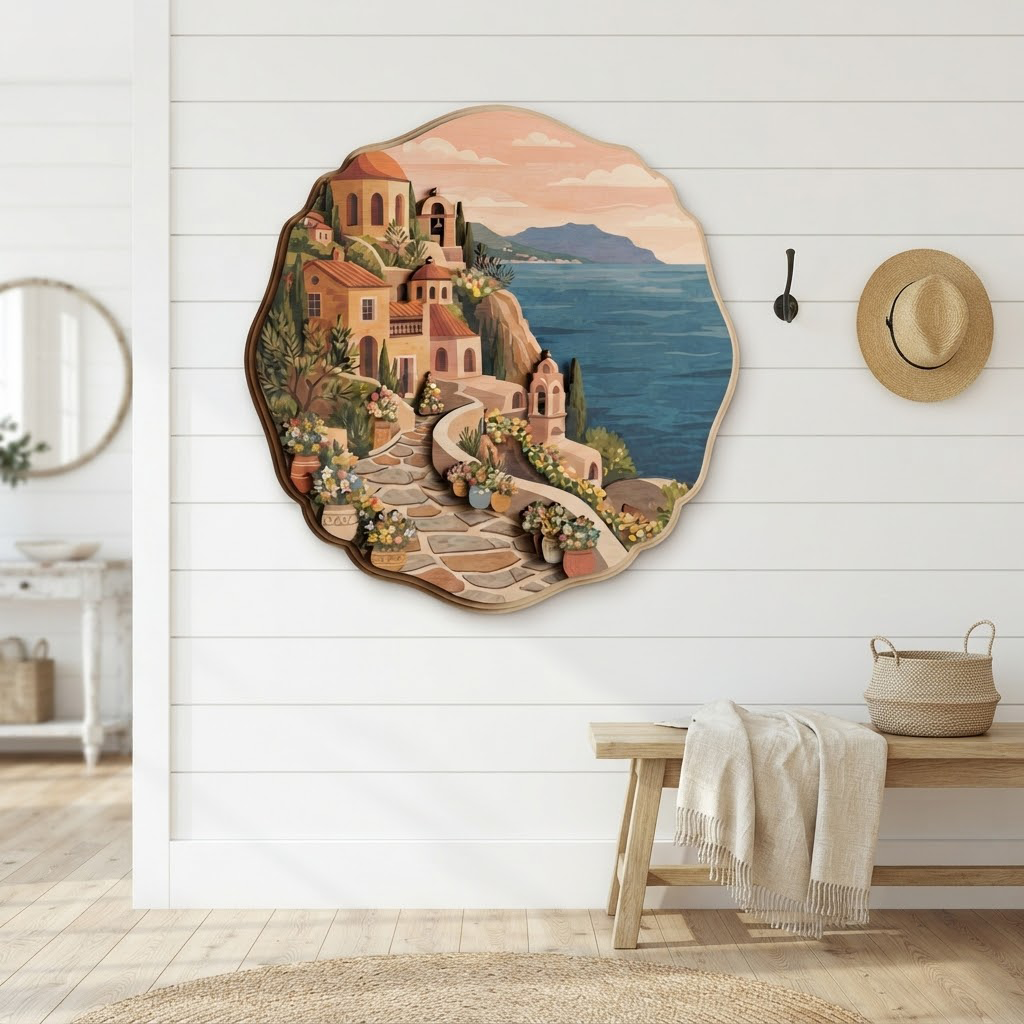 Mediterranean Village Sign, Wooden Wall Art , Greek Islands Decor, Layered Wood Carving, Coastal Home Decor, Living Room Wall Hanging, Handmade Art