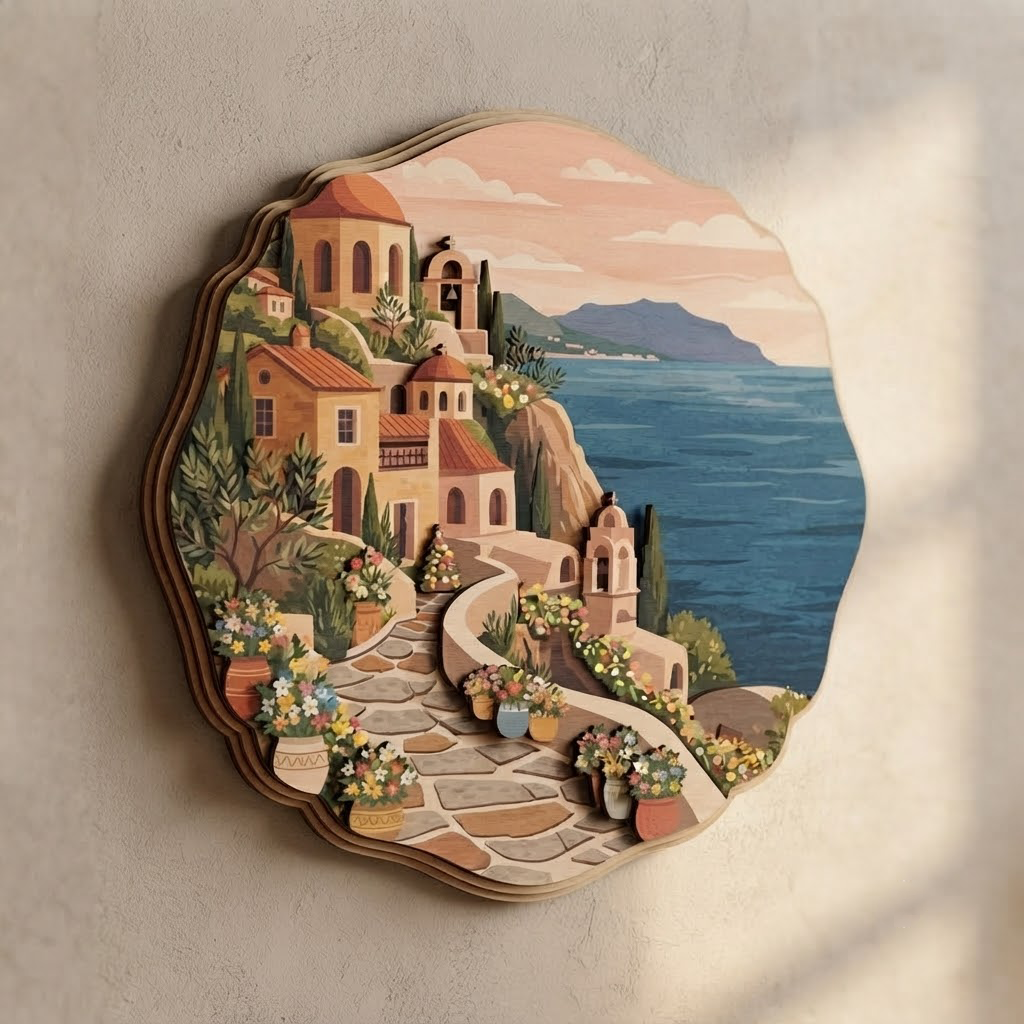 Mediterranean Village Sign, Wooden Wall Art , Greek Islands Decor, Layered Wood Carving, Coastal Home Decor, Living Room Wall Hanging, Handmade Art