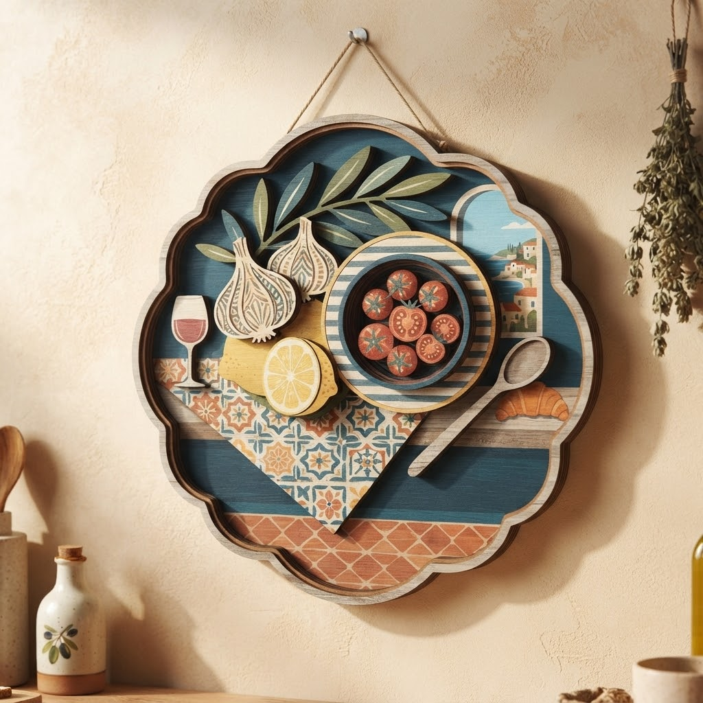 Mediterranean Kitchen Wooden Sign, Culinary Wall Art, Italian Food Wood Carving, Lemon Garlic Decor, Rustic Home Hanging, Farmhouse Kitchen Accent