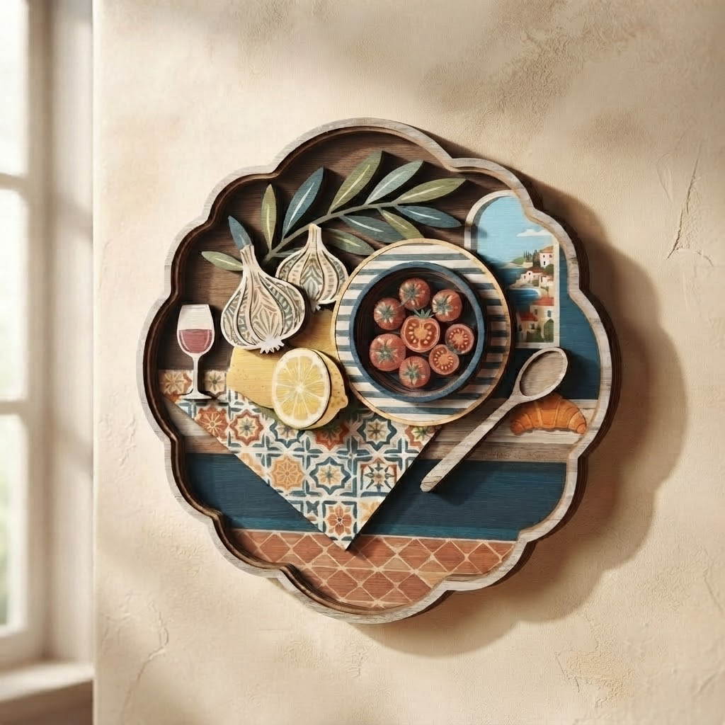 Mediterranean Kitchen Wooden Sign, Culinary Wall Art, Italian Food Wood Carving, Lemon Garlic Decor, Rustic Home Hanging, Farmhouse Kitchen Accent