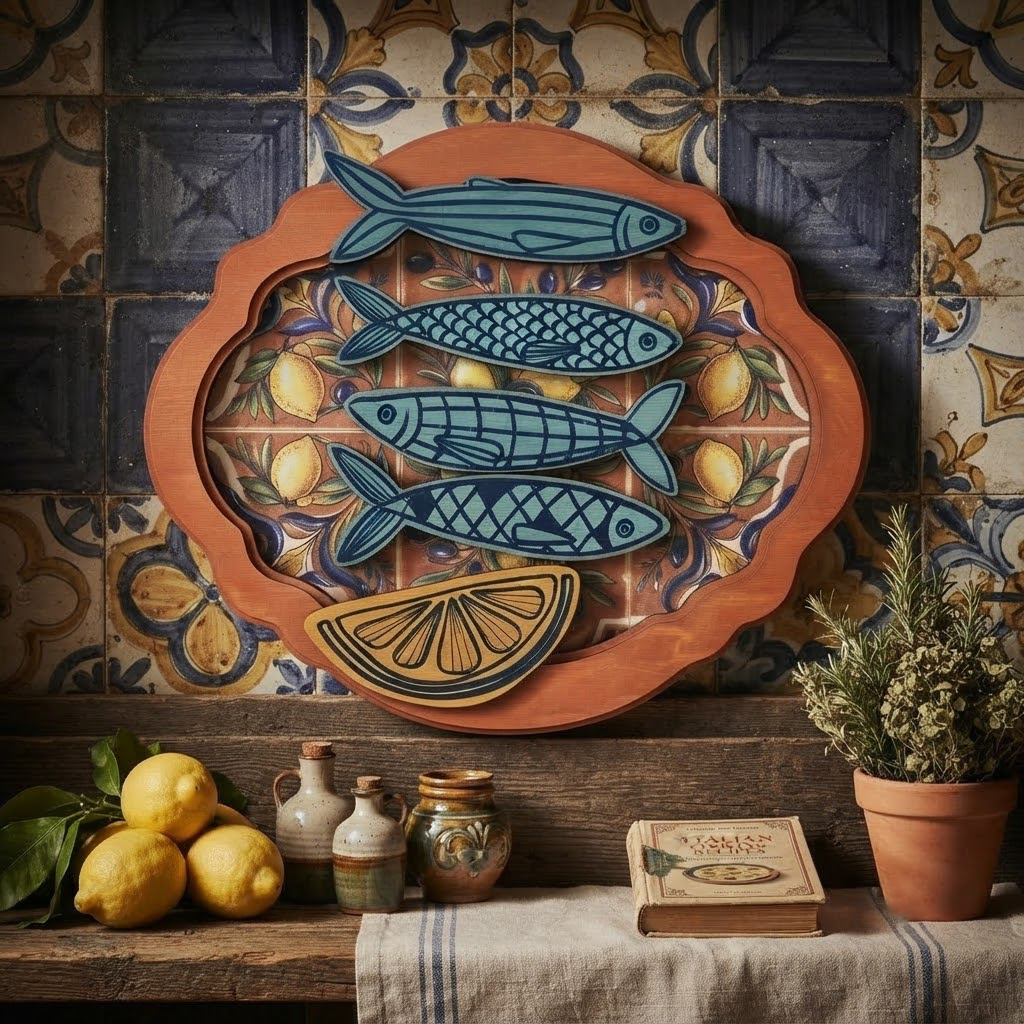 Mediterranean Fish Wooden Sign, Coastal Wall Art, Lemon Wood Carving, Rustic Kitchen Decor, Beach House Sign, Handcrafted Wood Hanging, Farmhouse Accent