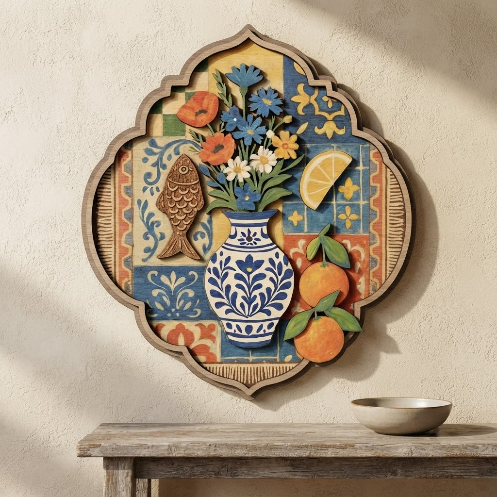 Mediterranean Wooden Wall Art, Layered Fish and Citrus Sign, Coastal Boho Home Decor, Rustic Tile Pattern Plaque, Kitchen Wall Hanging, Unique Gift