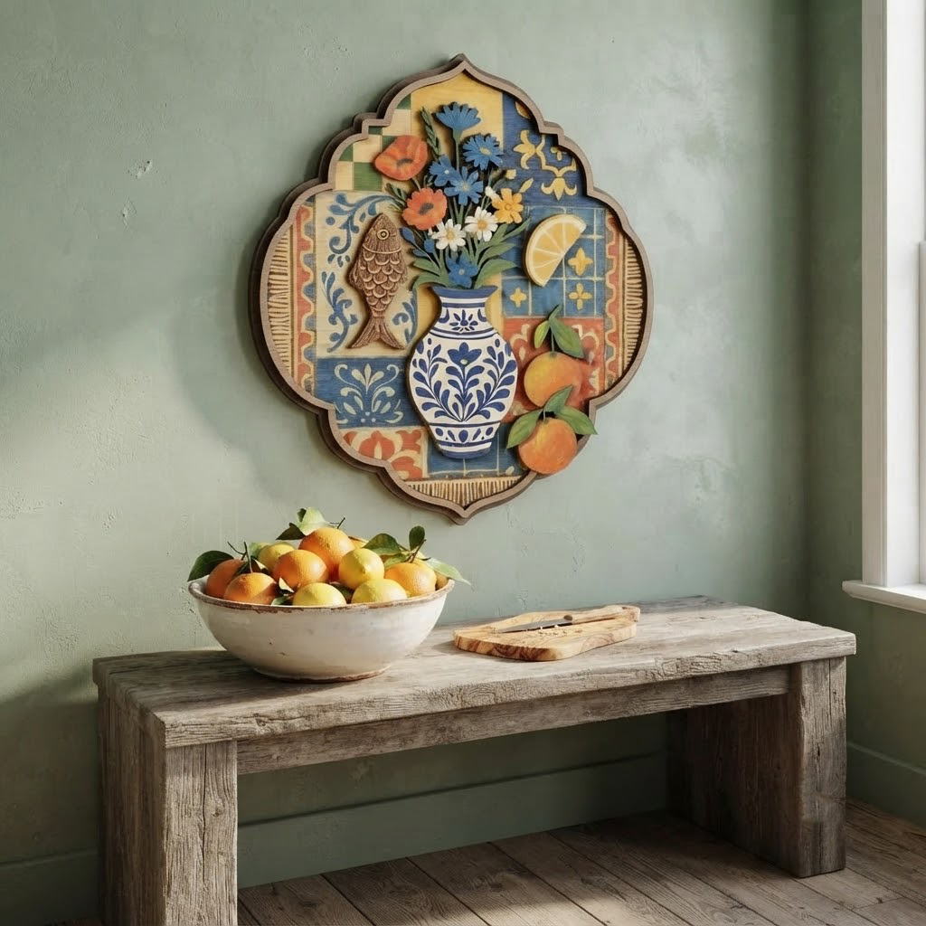 Mediterranean Wooden Wall Art, Layered Fish and Citrus Sign, Coastal Boho Home Decor, Rustic Tile Pattern Plaque, Kitchen Wall Hanging, Unique Gift