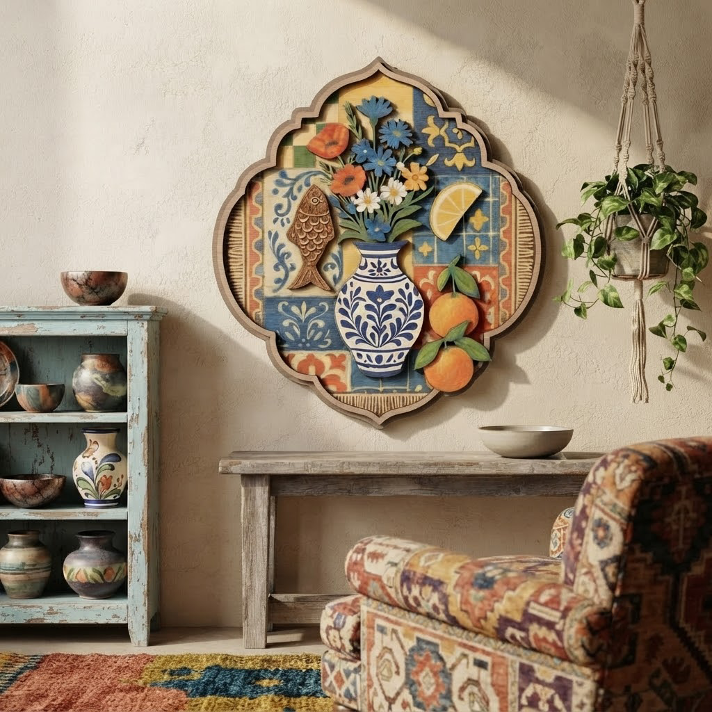 Mediterranean Wooden Wall Art, Layered Fish and Citrus Sign, Coastal Boho Home Decor, Rustic Tile Pattern Plaque, Kitchen Wall Hanging, Unique Gift