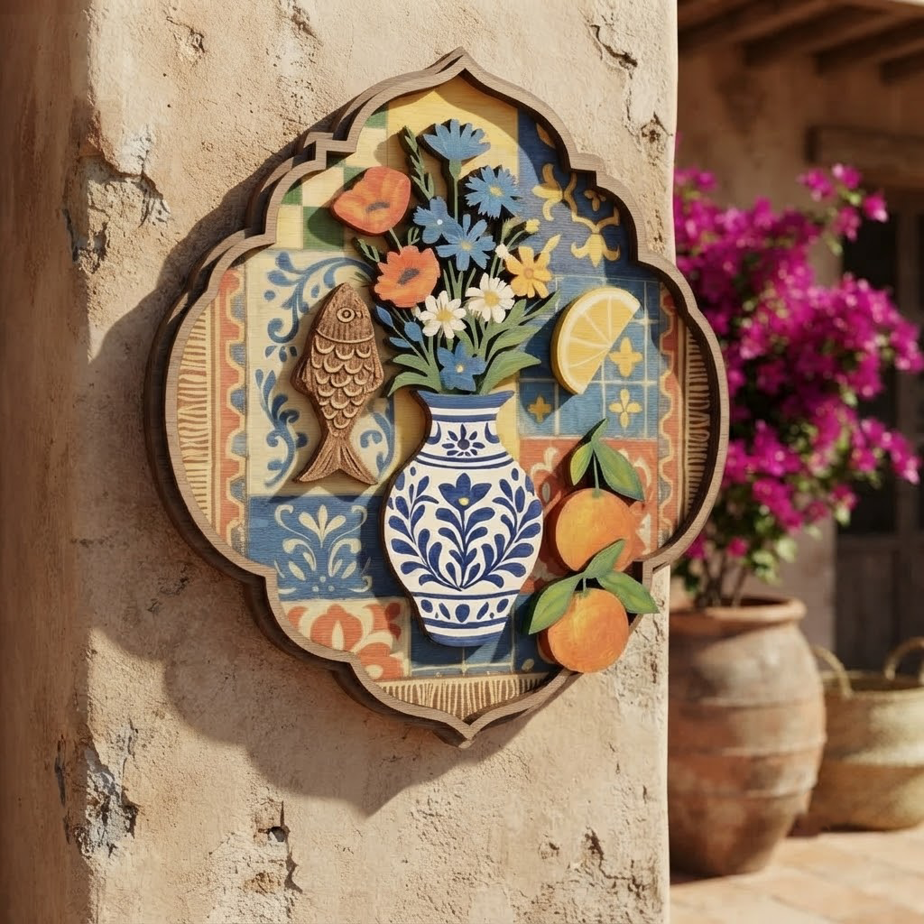 Mediterranean Wooden Wall Art, Layered Fish and Citrus Sign, Coastal Boho Home Decor, Rustic Tile Pattern Plaque, Kitchen Wall Hanging, Unique Gift